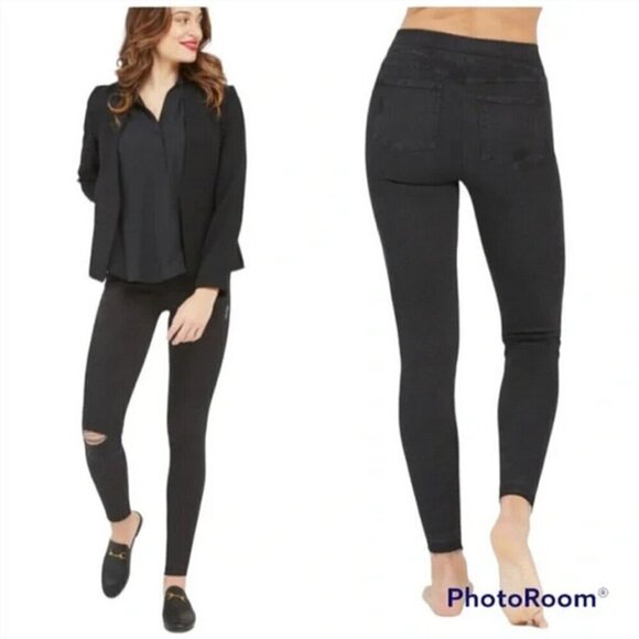 NWT Spanx Black High Rise Distressed Shaping Skinny Ankle Jeans 3X - Picture 1 of 6